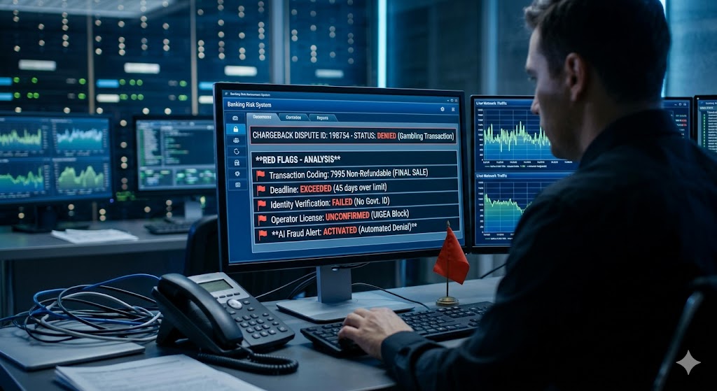 An analyst reviews a denied gambling chargeback screen showing red flags like restrictive coding and AI fraud alerts.