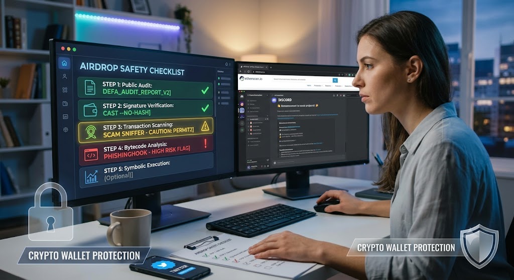 A woman running through an interactive web3 airdrop safety checklist on her left monitor while verifying contract records on Etherscan and Discord on her right screen.