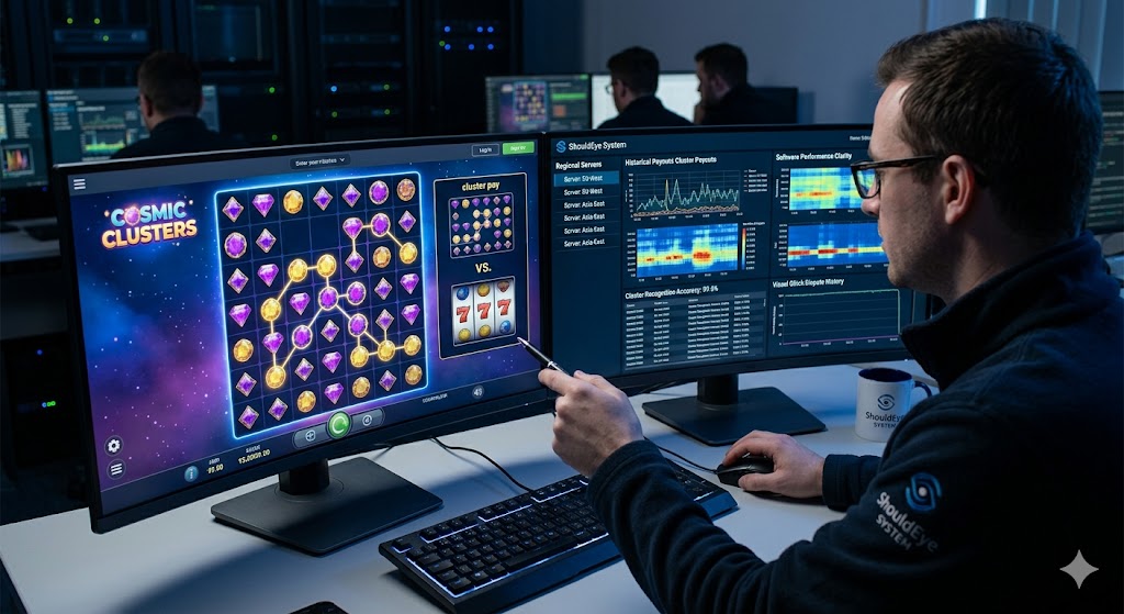 An analyst uses ShouldEye to contrast a cluster pay grid with traditional slot reels, verifying historical data trends.