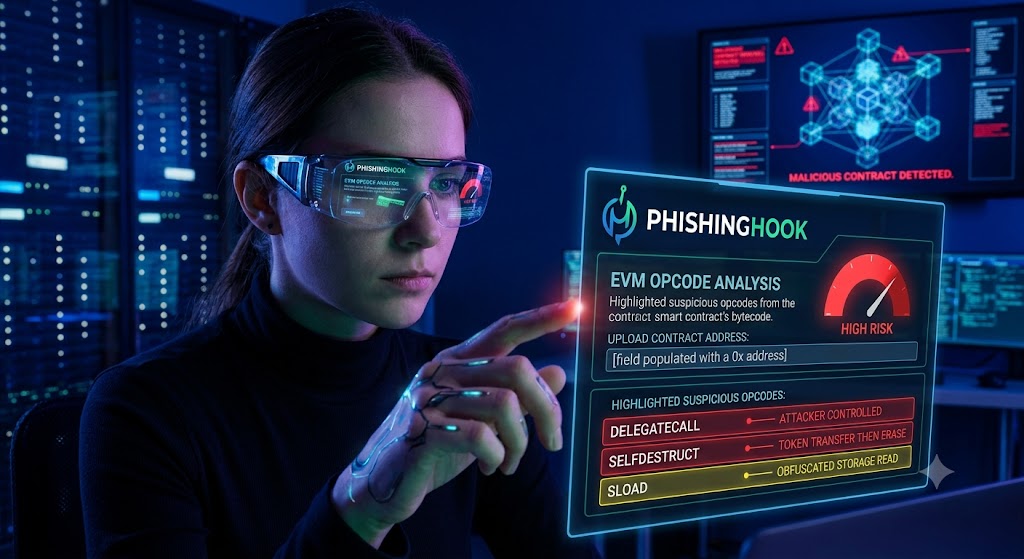 A security analyst scanning smart contract bytecode using the PhishingHook interface, which flags high-risk EVM opcodes like DELEGATECALL and SELFDESTRUCT on a holographic screen.