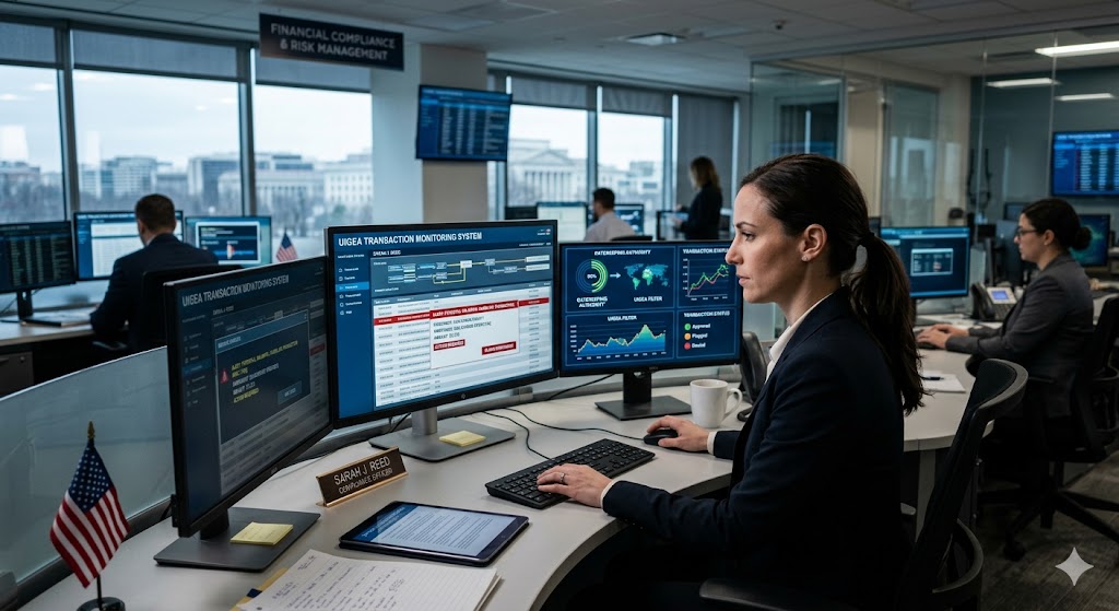 A woman works at a desk with three computer monitors displaying a UIGEA transaction monitoring system in an office.