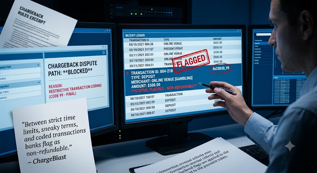 An analyst points a pen at a computer screen displaying a flagged, non-refundable online venue transaction with an alert stating that the chargeback dispute path is blocked due to restrictive coding.