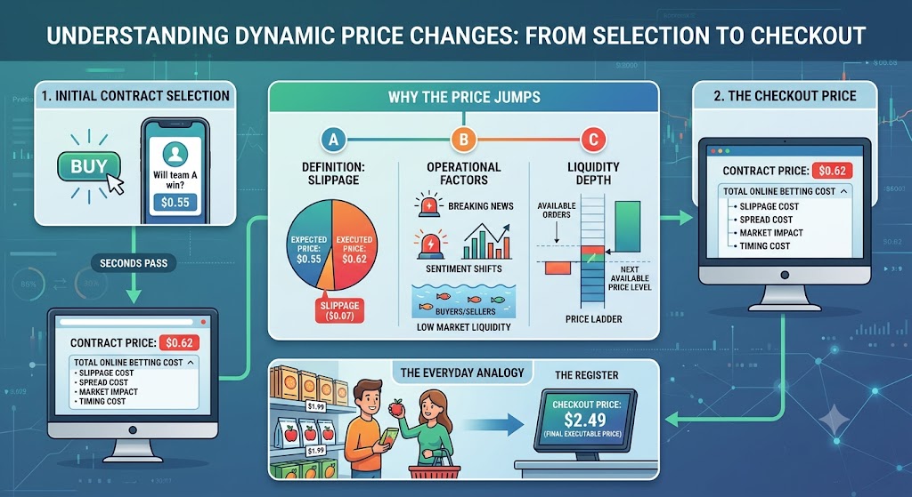 Infographic showing prediction market slippage from selection to checkout, with a grocery analogy.
