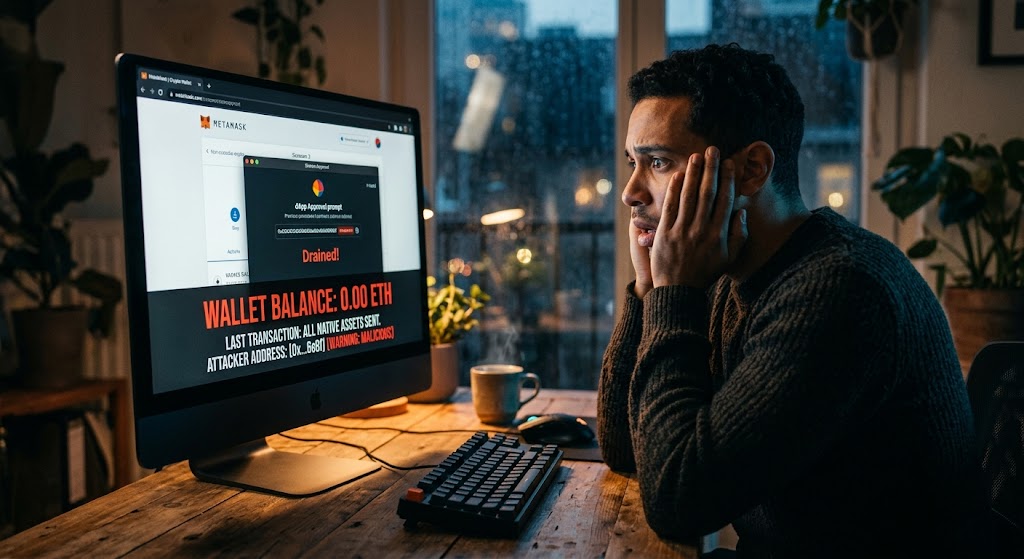 Shocked man stares at a computer screen showing a 0.00 ETH wallet balance after a crypto scam.