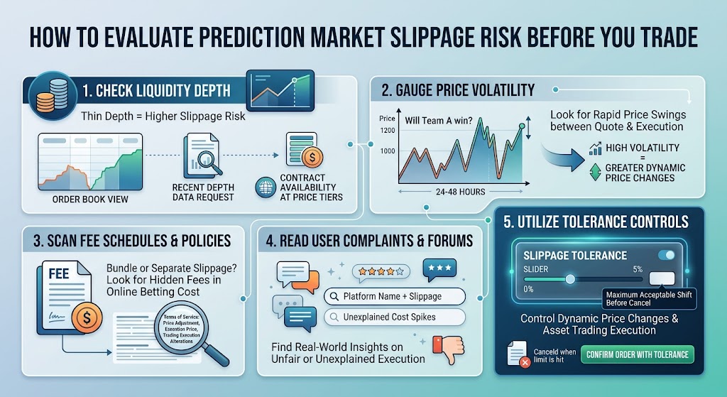 Infographic on evaluating prediction market slippage via liquidity, volatility, fees, and controls.