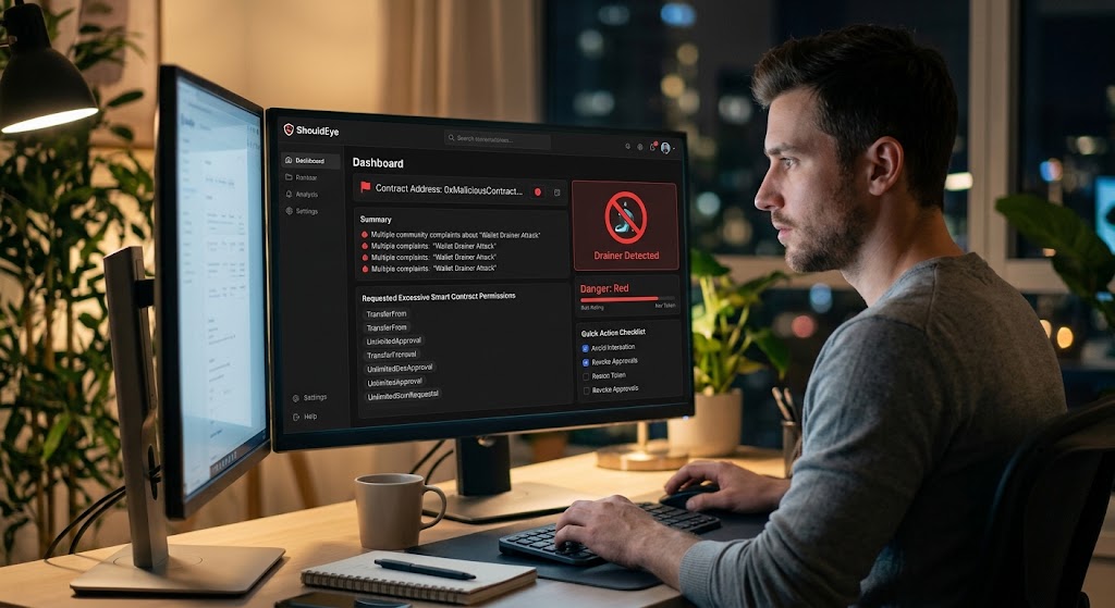 ShouldEye crypto security dashboard flags malicious smart contract address and wallet drainer activity.
