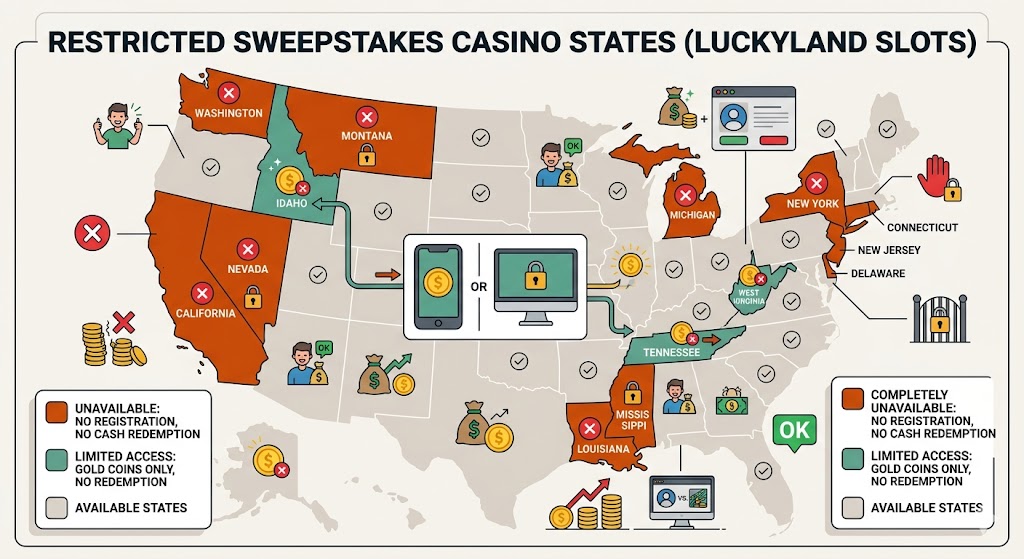 Map of US highlighting restricted and gold-coins-only states for LuckyLand Slots gameplay.