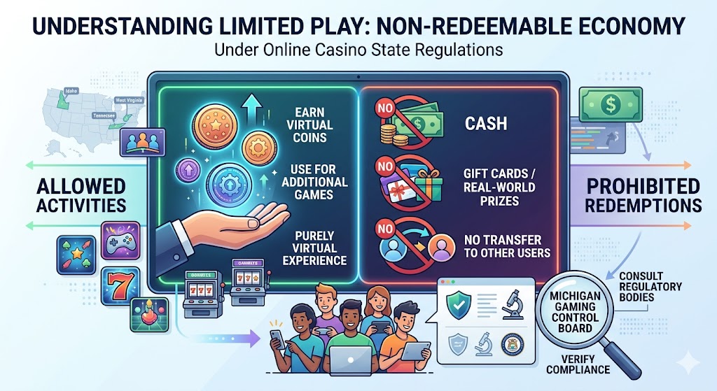 Infographic comparing allowed virtual game activities with prohibited real-world cash redemptions.