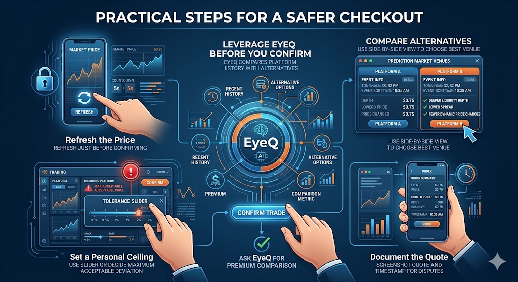 Infographic of trading safety steps: refresh price, set ceiling, compare venues, document quote, use EyeQ.