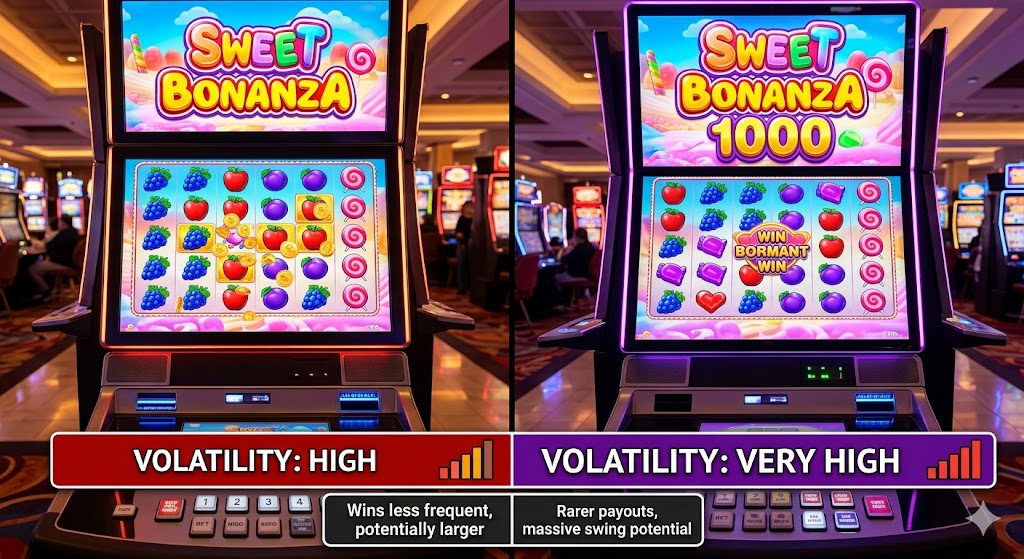 Two slot machines side by side compare high volatility Sweet Bonanza and very high volatility Sweet Bonanza 1000 graphics.