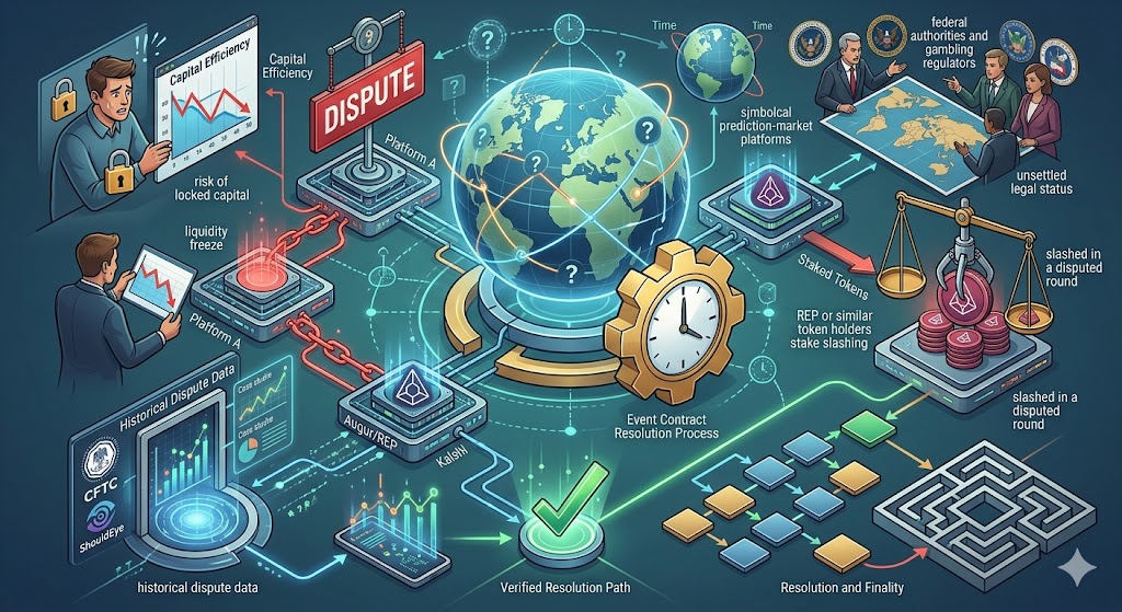 Infographic mapping prediction market risks like token slashing, liquidity freezes, regulatory uncertainty, and data paths.