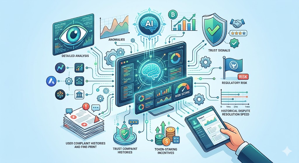 AI platform interface screening prediction markets for anomalies, user complaints, regulatory risk, and trust signals.
