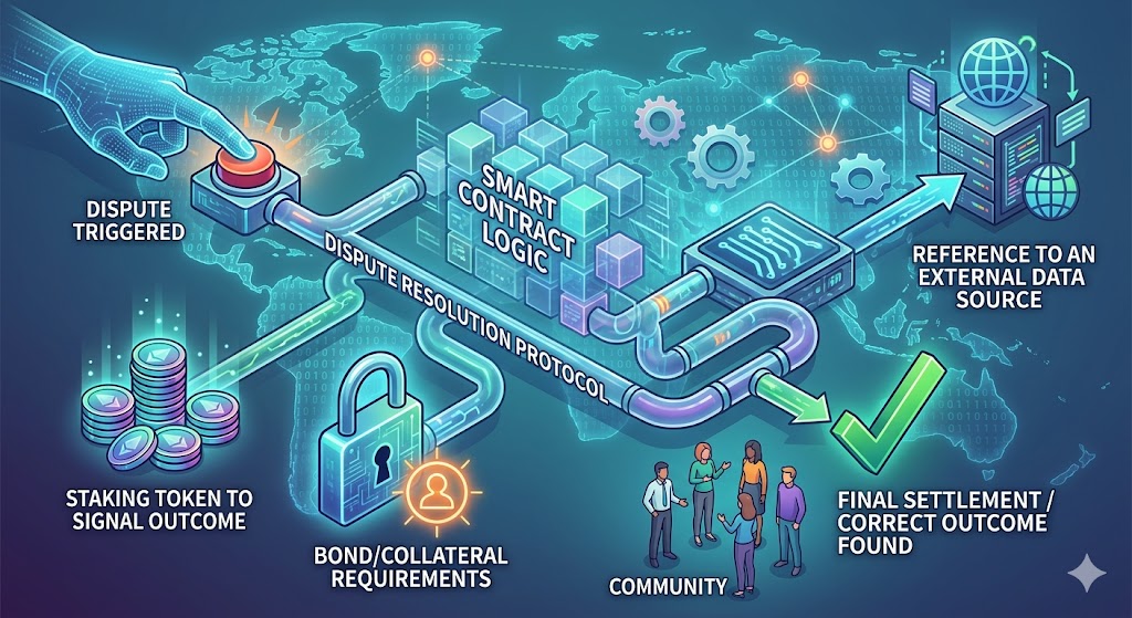 Isometric infographic showing the smart contract dispute resolution process with staking, bonds, data sources, and community.