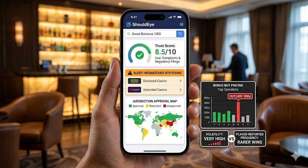 A hand holds a smartphone displaying the ShouldEye app platform with trust scores and data analysis for Sweet Bonanza 1000.
