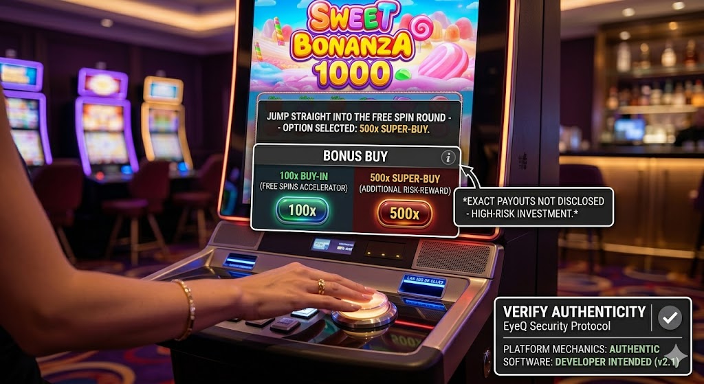 Slot machine screen shows Sweet Bonanza 1000 Bonus Buy options for 100x and 500x stakes with an EyeQ verification overlay.