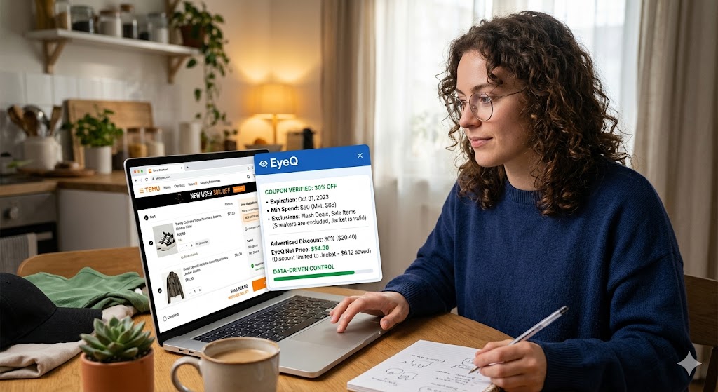 A woman uses a laptop while an EyeQ overlay shows verified coupon terms, expiration dates, and exclusions for Temu.
