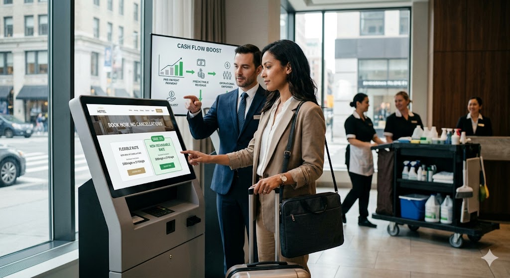 A man points to a screen as a woman selects a non-refundable hotel rate. Housekeepers and graphs of cash flow are in the background.