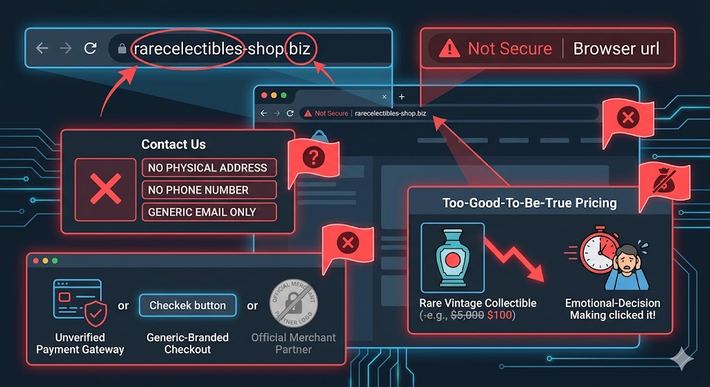 Diagram of fake e-commerce red flags, highlighting look-alike URLs, missing contact info, and generic checkout gates.