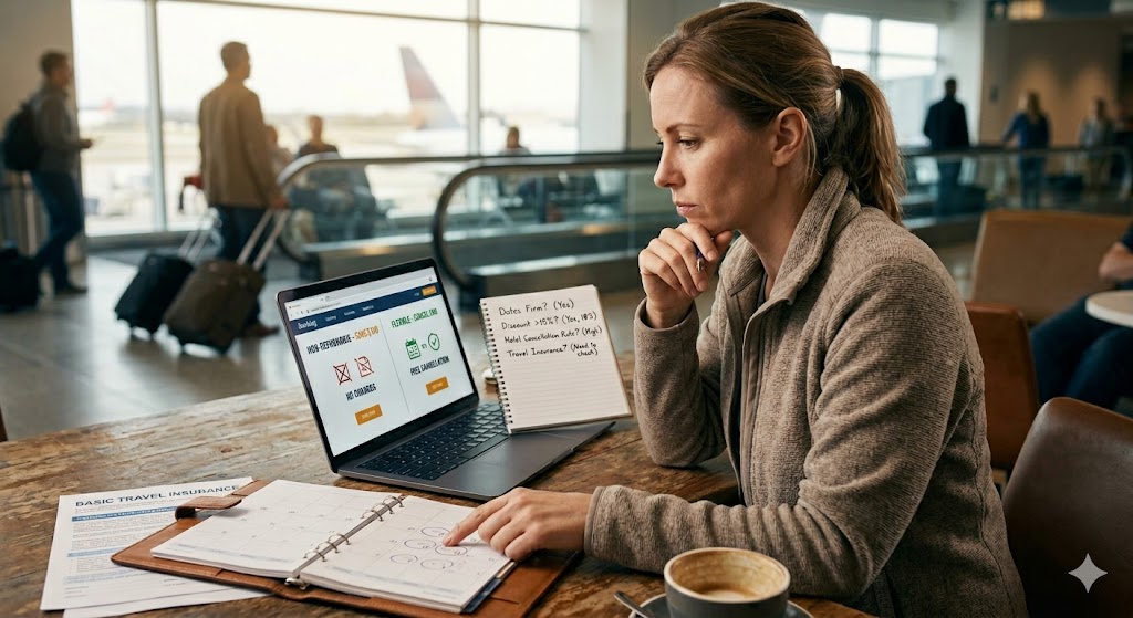 A woman reviews hotel rates at an airport cafe with a laptop, notebook, calendar, and a cup of coffee on the table.