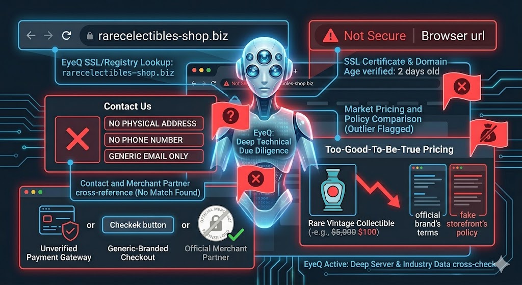 Diagram showing red flags of a generic e-commerce scam, contrasting official terms with a too-good-to-be-true price and unverified checkout.