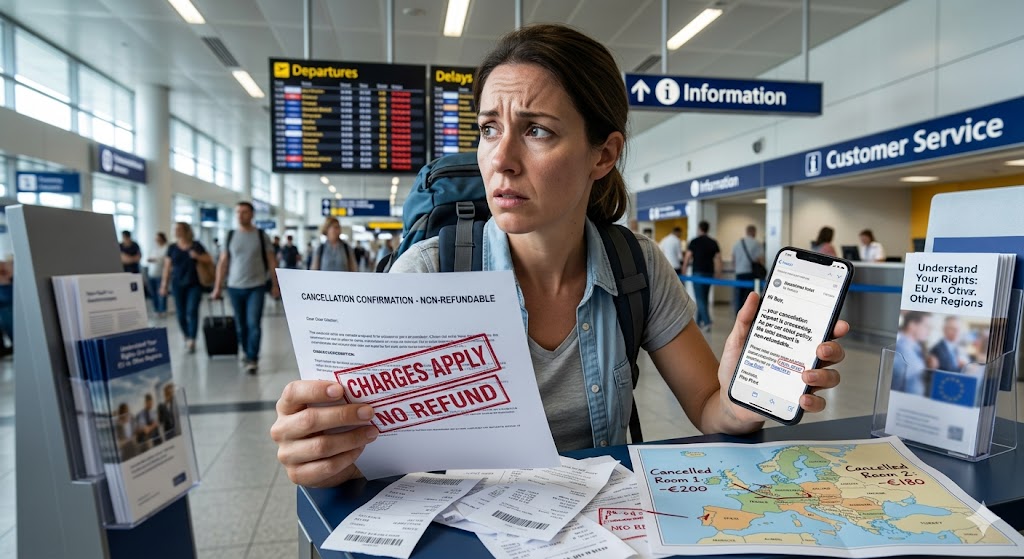 A worried traveler at an airport holds a non-refundable cancellation paper with stamps, bills, and a map showing losses.