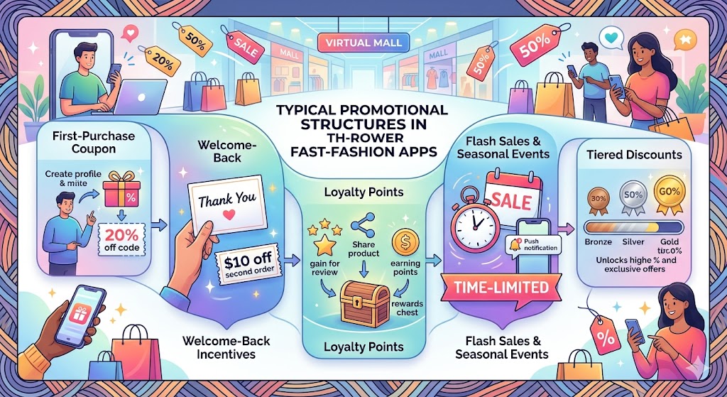 An infographic illustrating promotional structures in fast-fashion apps, including coupons, loyalty points, and tiered discounts.