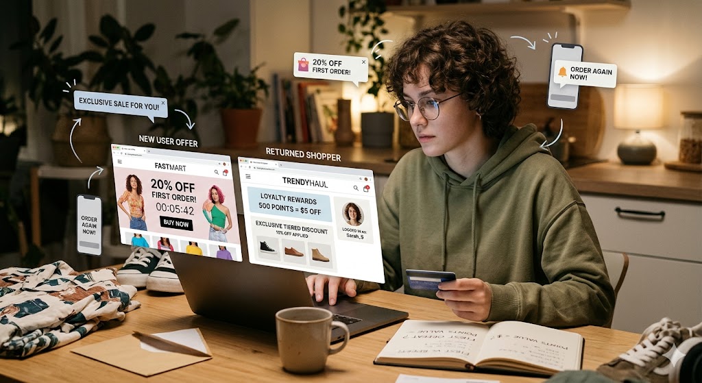 A woman uses a laptop to compare 'new user' versus 'returned shopper' discounts amidst several marketing pop-up notifications.