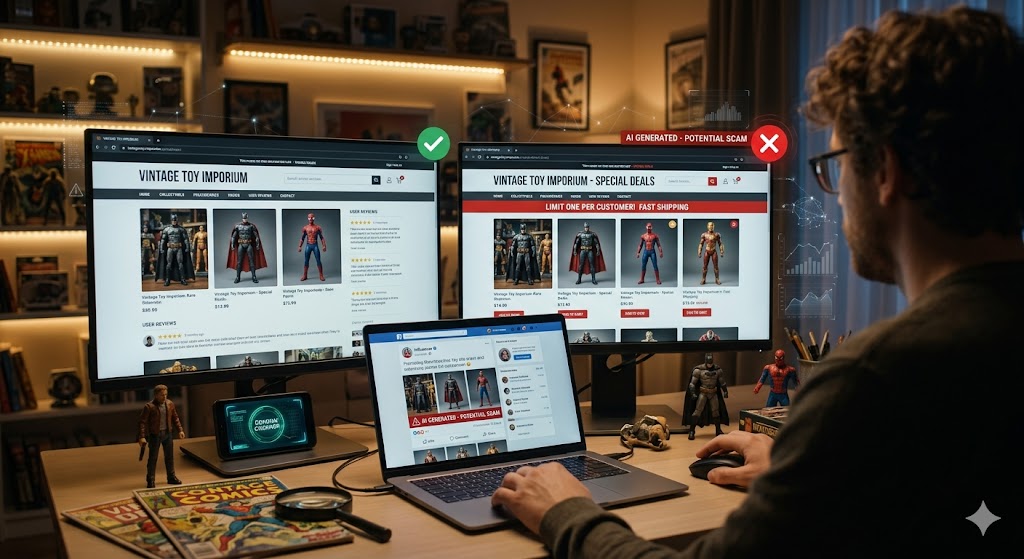 A man compares a real vintage toy website side-by-side with an AI-generated lookalike scam storefront on dual monitors.