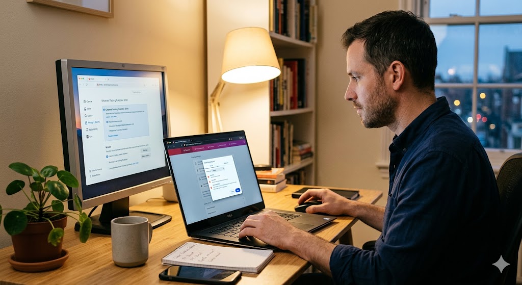 Man at wooden desk focused on laptop and monitor screens in warm lamplight next to window at dusk