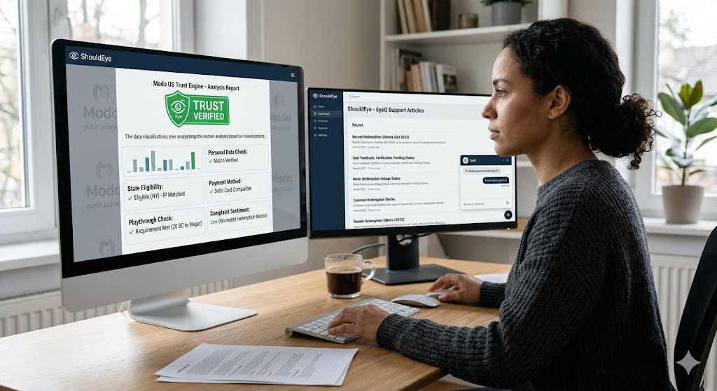 A woman uses dual monitors displaying the ShouldEye trust engine and EyeQ support articles for Modo redemption checks.