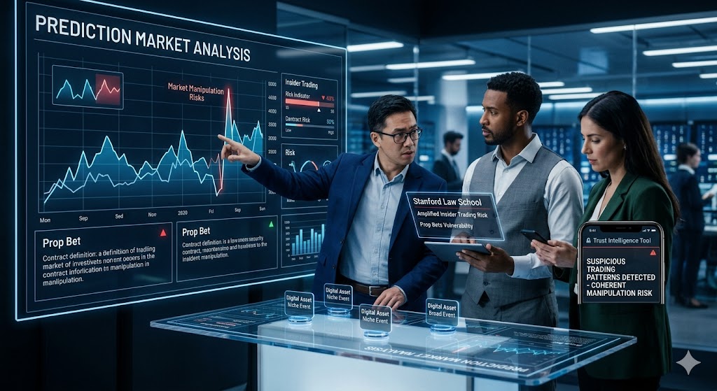 Corporate analysts study a large screen showing charts of market manipulation risks, insider trading data, and alerts.