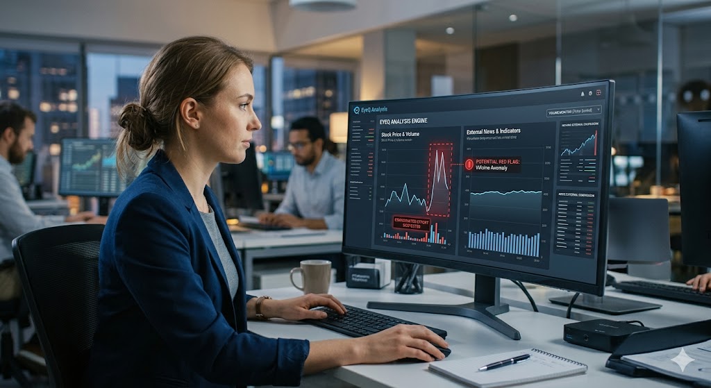A female analyst in a modern office uses EyeQ software to compare market activity with news, identifying a volume anomaly.