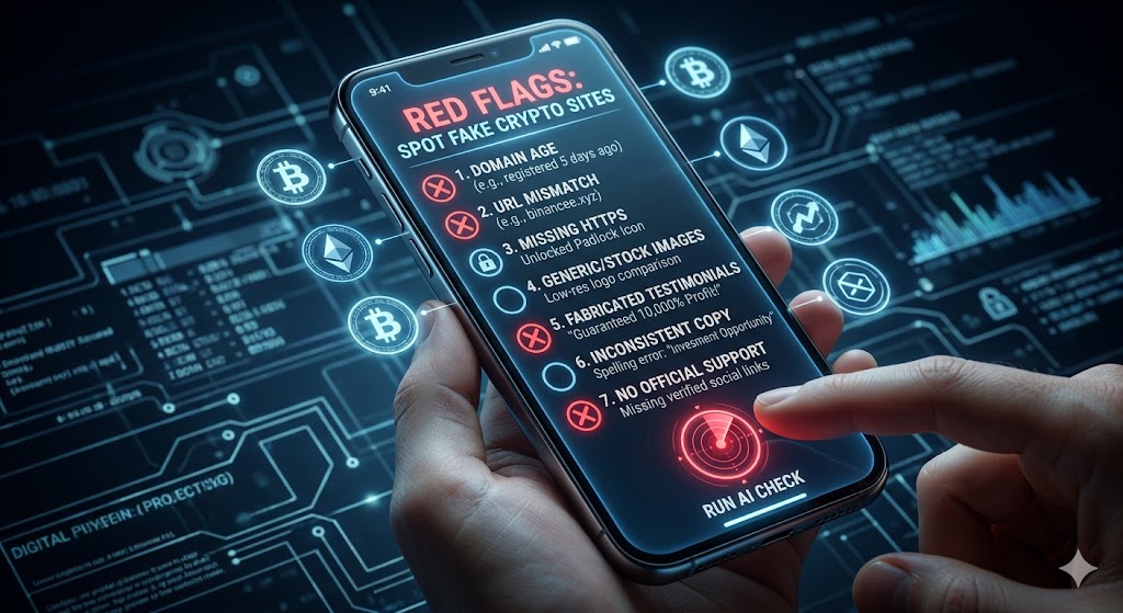 A close-up of a hand holding a glowing phone displaying "Red Flags: Spot Fake Crypto Sites" checklist in a high-tech setting.