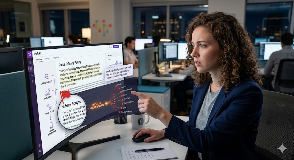 An analyst points at a screen mapping out Pulsz privacy disclosures, revealing hidden scripts and tracking services.