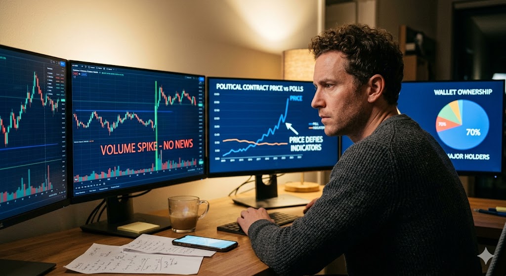 Focused trader analyzing market manipulation charts showing sudden volume spikes, divergent price moves, and wallet ownership.