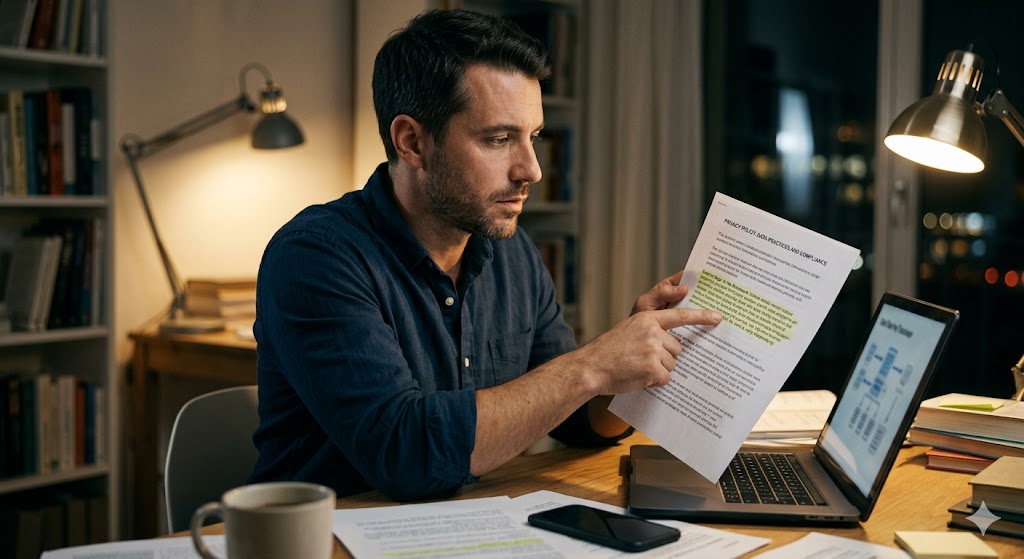 Man pointing to highlighted text on a privacy policy document while cross-referencing data on a laptop at a desk.
