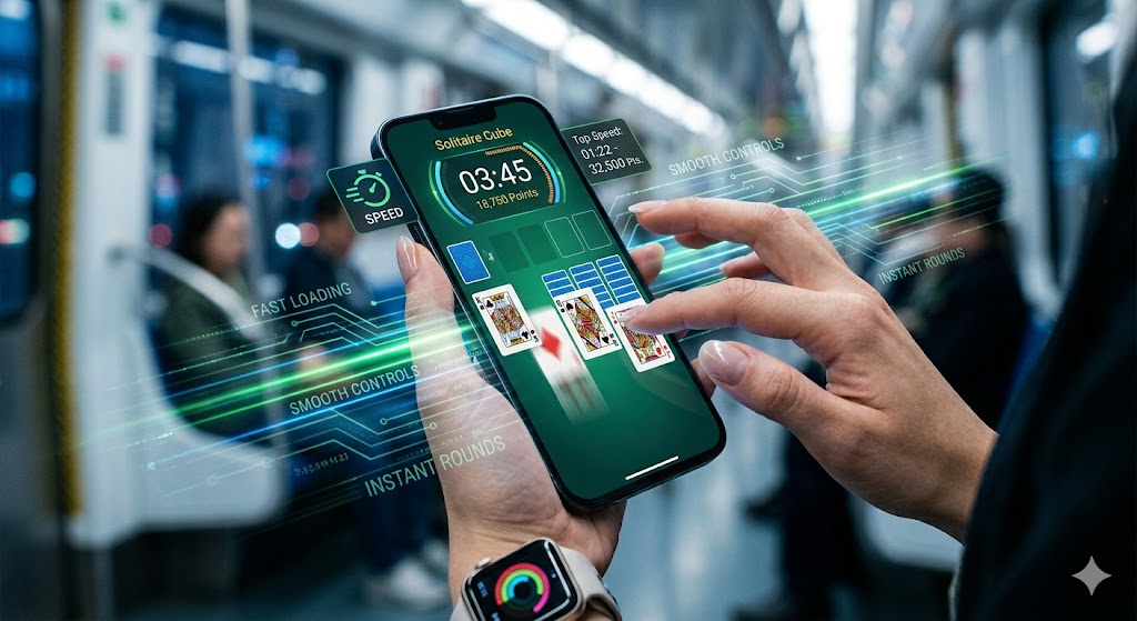 A person playing Solitaire Cube on a smartphone with glowing speed overlays during a fast daily transit commute.