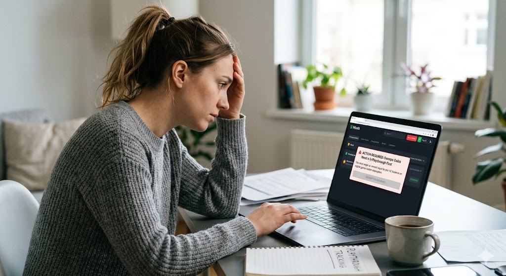 Frustrated woman looking at a laptop error message about a 1x playthrough requirement for Sweeps Coins on Modo.