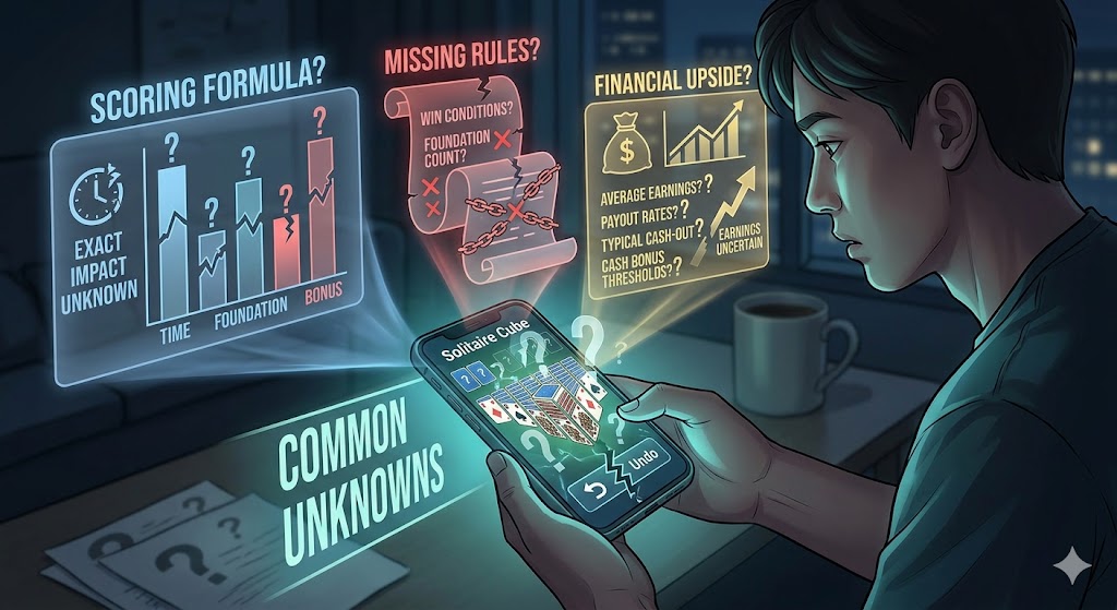 An illustration of a player looking at a phone with question marks and translucent charts highlighting game unknowns.