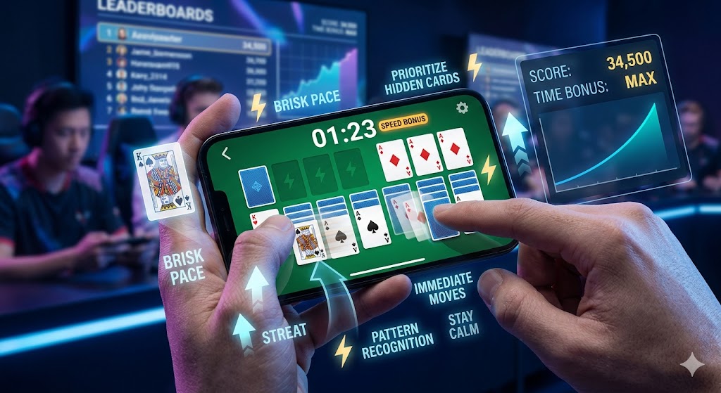 A close-up of hands playing mobile solitaire fast, with glowing strategy overlays and score graphics in a tournament.