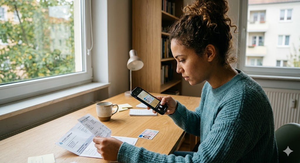A woman with curly brown hair wearing a blue sweater takes a photo of an ID and utility bill with a smartphone for identity verification in a sunlit room.