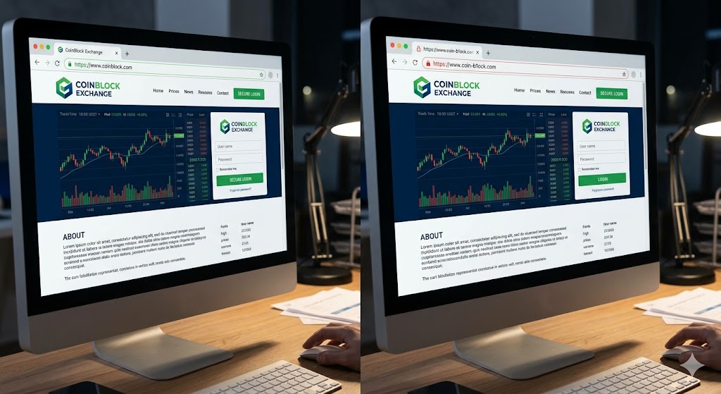 A comparison of a legitimate crypto exchange website and a fake phishing site on adjacent computer screens.