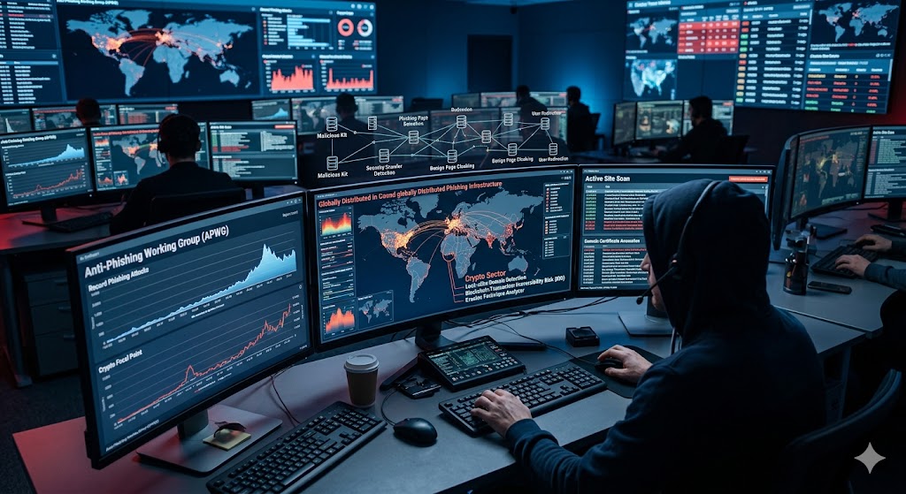 A cybersecurity operations center tracking global phishing infrastructure and crypto threat data on multi-screen monitors.