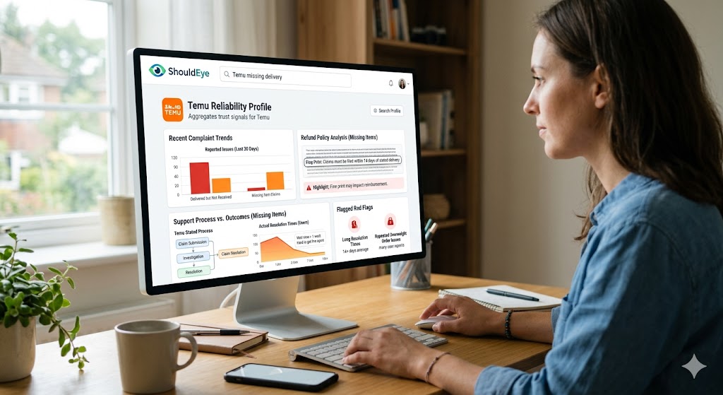 Woman uses ShouldEye dashboard to analyze Temu delivery complaints, refund policies, and resolution trends on a computer.