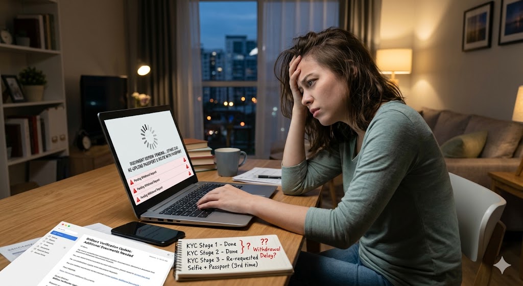 Frustrated woman looks at her laptop displaying loading errors, beside a notepad detailing crypto KYC withdrawal delays.