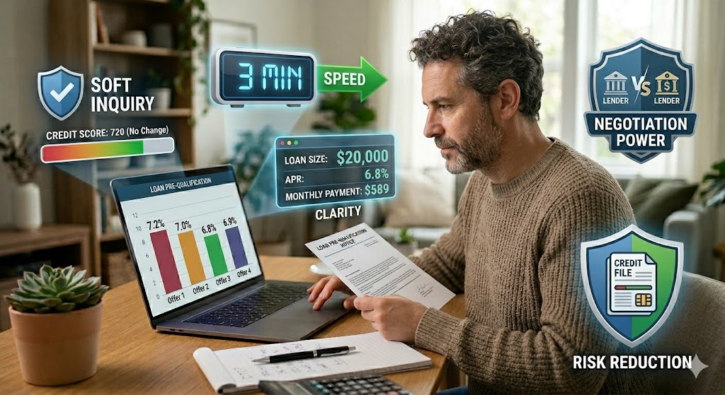 A man reviews loan pre-qualification offers on a laptop with graphics for soft inquiry, speed, and risk reduction.