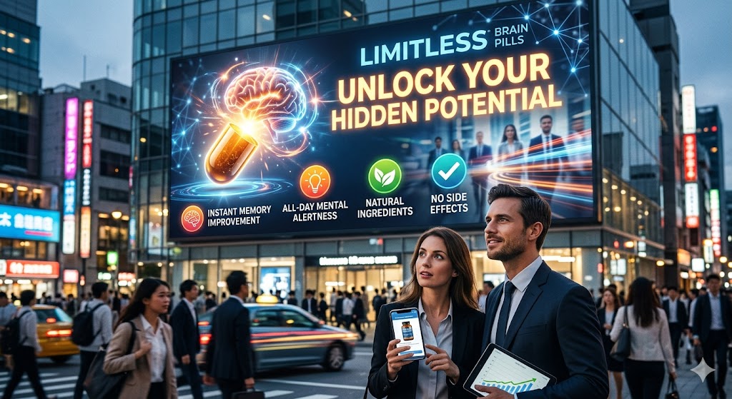A couple looking at a massive billboard advertising limitless brain pills to unlock potential in a busy city center.