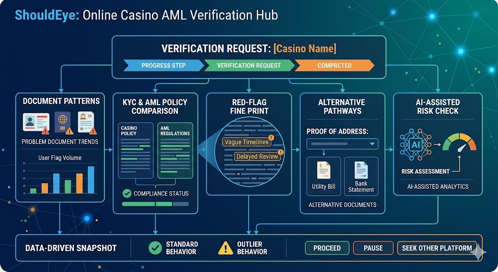 An infographic diagram of the ShouldEye platform showing steps to analyze online casino compliance and AML risk factors.