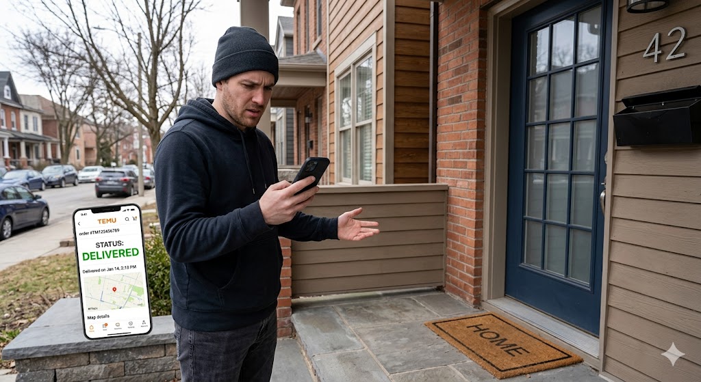 Confused man looks at phone showing Temu order delivered status while standing on an empty porch with no package.