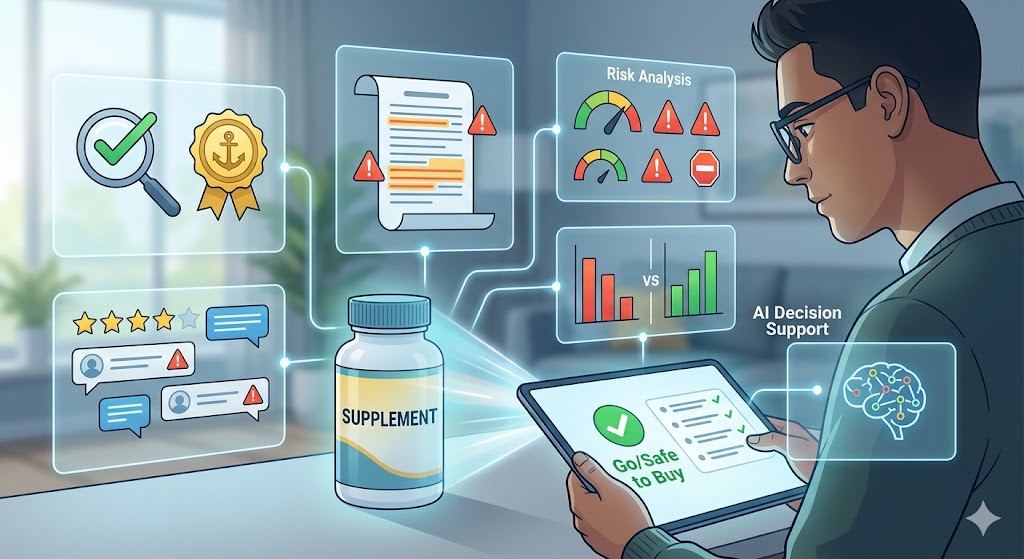 An illustration of a man using a digital tablet to review AI decision support metrics and trust signals for a supplement bottle.